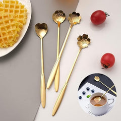 Golden Dessert Spoon 4pcs Set Flower Shaped Stirring Stainless Steel Coffee, Teaspoons