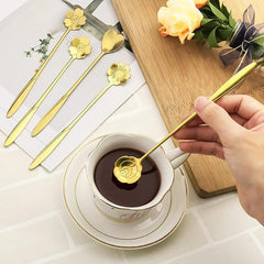 Golden Dessert Spoon 4pcs Set Flower Shaped Stirring Stainless Steel Coffee, Teaspoons