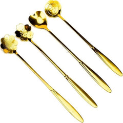 Golden Dessert Spoon 4pcs Set Flower Shaped Stirring Stainless Steel Coffee, Teaspoons