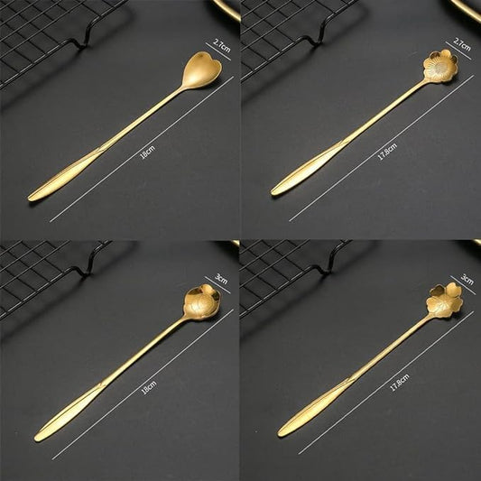 Golden Dessert Spoon 4pcs Set Flower Shaped Stirring Stainless Steel Coffee, Teaspoons