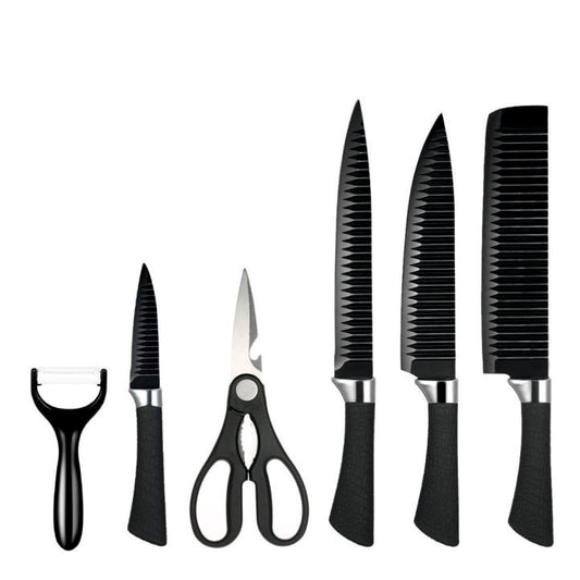 Knife-6 Stainless Steel Kitchen Knife Non Stick Set 6 pcs Including Peeler and Scissor, Kitchen Cutlery Knives Set, Black