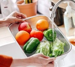 Rectangle Stainless Steel Mesh Sink Strainer Basket Mesh Drainer for Vegetable Fruit (30 x 20 x 6 CM)