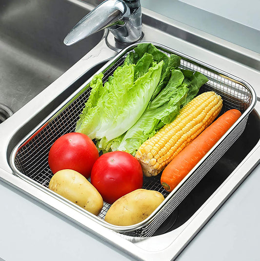 Rectangle Stainless Steel Mesh Sink Strainer Basket Mesh Drainer for Vegetable Fruit (30 x 20 x 6 CM)